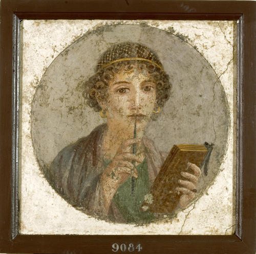 Affresco raffigurante medaglione con busto ritratto, cd. Sappho; Pompeii, Insula Occidentale; Inv. 9084, Museo Archeologico Nazionale Napoli