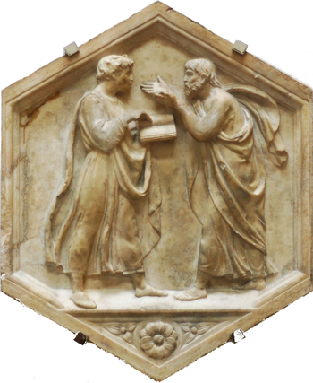 Platon und Aristoteles oder die Philosophie (Platone e Aristotele o la filosofia) | Relief von Luca della Robbia (1437-9) | Quelle: Marie-Lan Nguyen | wikimedia commons