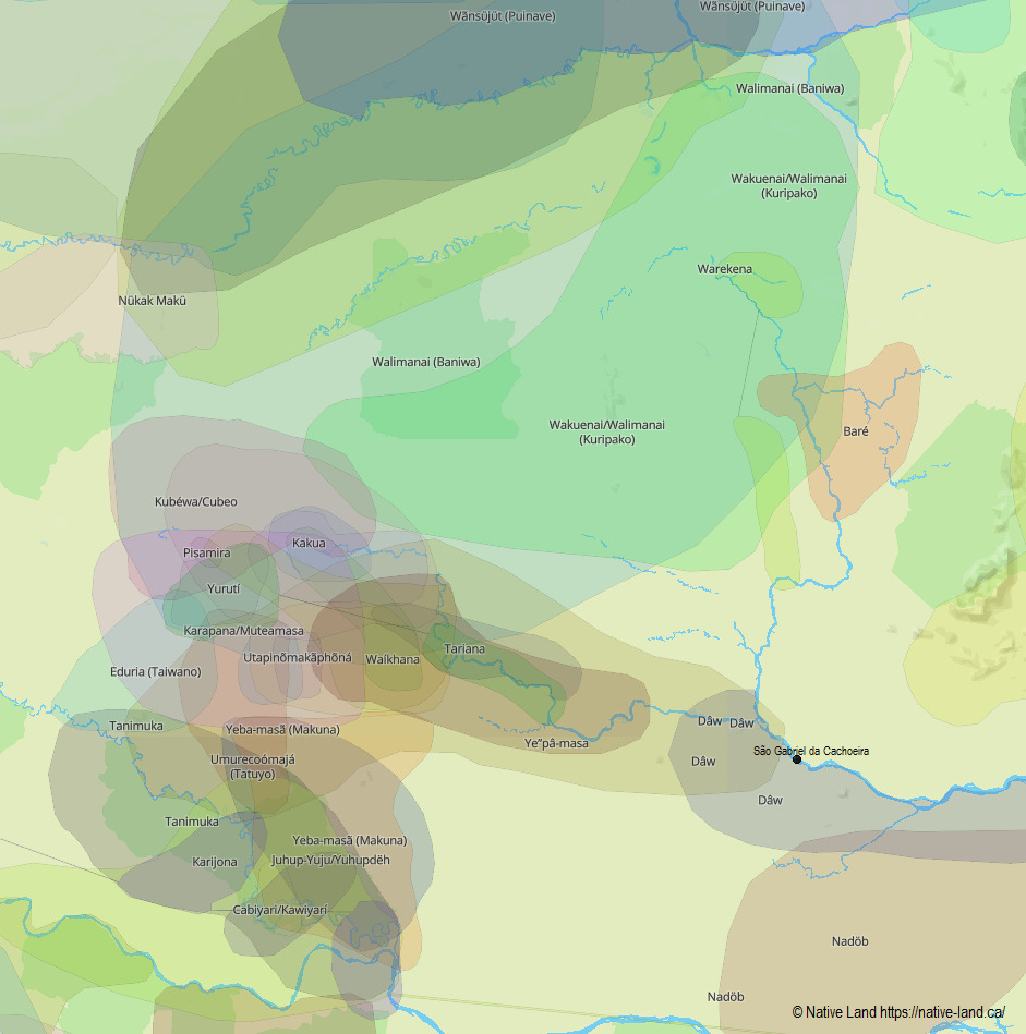 Auf diesem Bild (Auschnitt aus <https://native-land.ca/>) sind einige der Sprachausdehnungen in der Region des Alto Rio Negro um São Gabriel da Cachoeira im brasilianischen Amazonas dargestellt.  This image (excerpted from <https://native-land.ca/>) shows