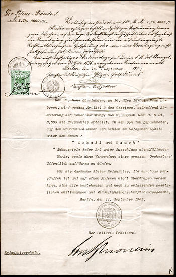 Konzession für Max Reinhardt zum Betrieb des Theaters "Schall und Rauch" (1901)